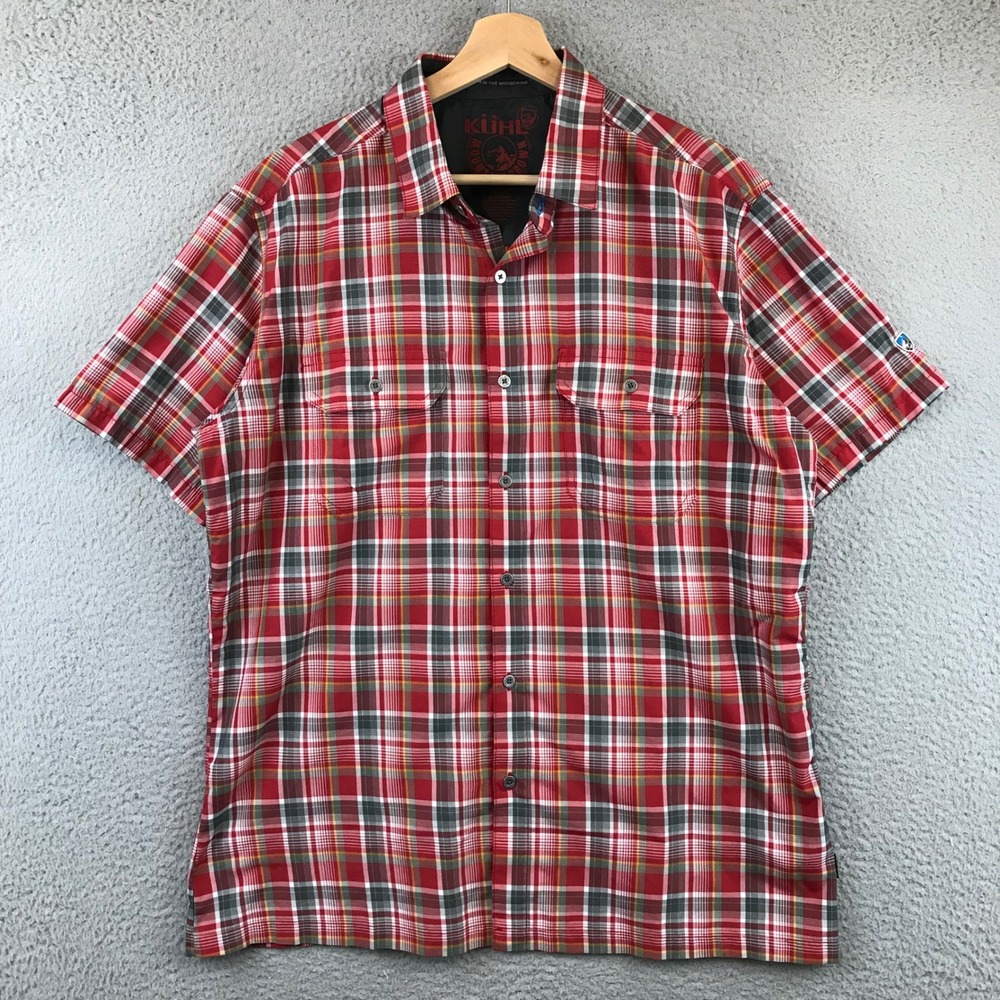 Kuhl Mens‎ Plaid Short Sleeve Button Up Shirt Red Green Casual Outdoor Size L